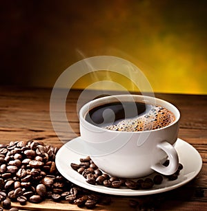 Coffee cup and saucer on a wooden table.