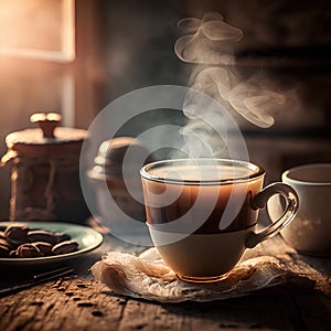 Coffee in a cup and saucer on a wooden table