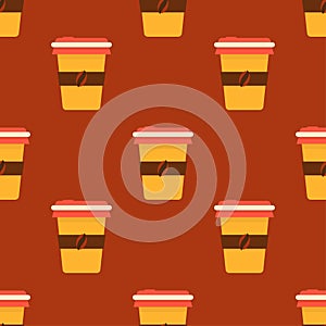 Coffee cup seamless pattern on red brown background. Vector illustration