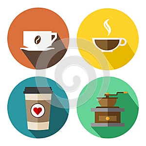 Coffee Cup Set With Bean, Coffee Mill And Heart Flat Vector