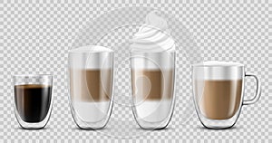 Coffee cup set, isolated on transparant background. Double walled glass mug with hot drink, americano, Cappuccino, espresso, latte