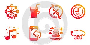 Coffee cup, Ship travel and Musical note icons set. Loan percent, Incoming call and 48 hours signs. Vector