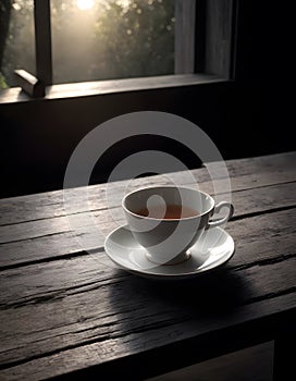 A coffee cup with singleorigin coffee rests on a saucer on a table