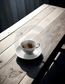 A coffee cup with singleorigin coffee rests on a saucer on a table