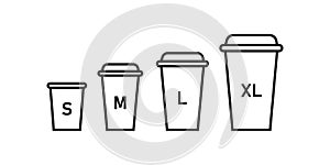 Coffee? cup size icon set. Paper, cafe design logo. Latte, small, medium, large, xl, mockup sign in vector flat