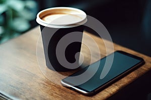 Coffee cup and smart phone on wooden table in coffee shop, Generative AI