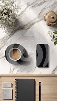 Coffee Cup and Smartphone on Marble Desk