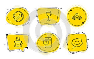 Coffee cup, Smile and Parcel shipping icons set. Audit, Bordeaux glass and Speech bubble signs. Vector