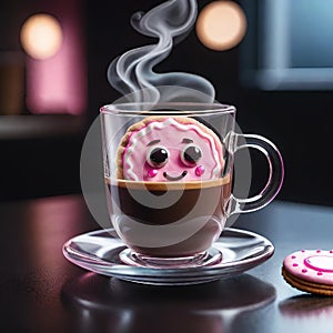 Coffee cup with smiling strawberry cookie