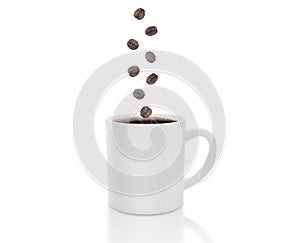 Coffee cup with smoke falling coffee beans on white background