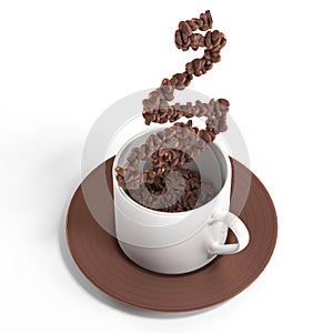 Coffee cup with smoke made of coffee bean 3d rendering