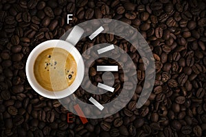 Coffee cup and Speedometer scale or fuel pressure gauge. Concept of refueling the cofver for cheerfulness and energy.