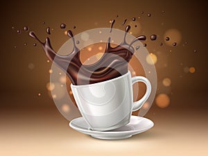 Coffee cup splash. Realistic porcelain saucer and espresso mug, black hot drink flow with drops, spilled beverage