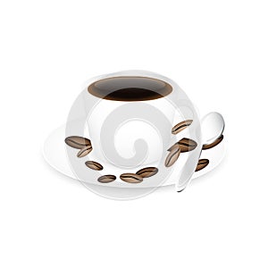 Coffee cup, spoon and coffee beans on a white background.