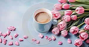 Coffee cup, spring tulip flowers, gift box and pink paper card on blue pastel table top view. Greeting for Womans or Mothers Day