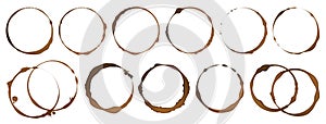 Coffee cup stain. Realistic tea circles on white, cappuccino or espresso coffee round marks. Brown drink, spilled dark