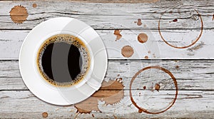 Coffee cup, stains and drops on wooden table