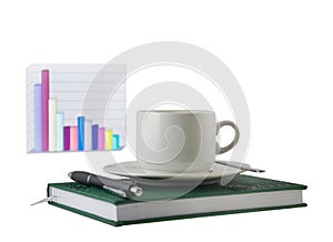 Coffee cup, standing on the green organizer.