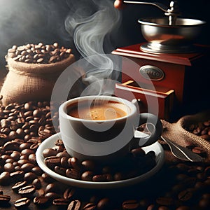 Coffee cup with steam and coffee beans on wooden table.