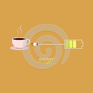 Coffee cup with steam floating upstairs and power plug on orange background, vector illustration, coffee energy concept