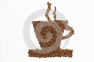 Coffee cup and steam made from beans, grain. on white b