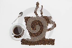 Coffee cup and steam made from beans, grain. on white b