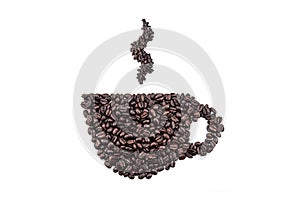 Coffee cup and steam made from beans on white background