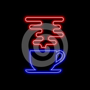 Coffee cup with steam neon sign. Bright glowing symbol on a black background.