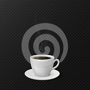 Coffee cup with steam. Realistic mug and saucer with hot caffeine beverage. Ceramic tableware for espresso or americano