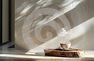 coffee cup with steam rising from beans on wooden table, spectacular backdrops, light brown and white photo