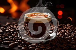 coffee cup with steaming coffee beans on a background of coffee beans and fire banco de imagens