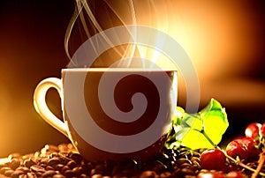 Coffee. Cup of steaming coffee with the real coffee berries