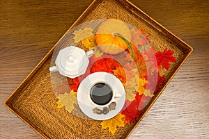 Coffee Cup, Sugar Bowl, Acorns, Pumpkin, and Fall Leaves