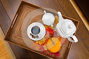 Coffee Cup, Sugar Bowl, Decanter, Acorns, Pumpkin, and Fall Leaves