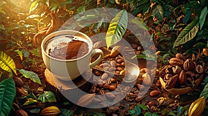 Coffee cup surrounded by cocoa beans
