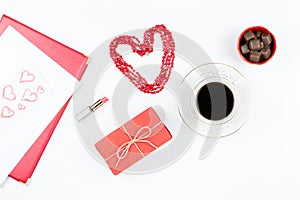 Valentine`s Day mock up with coffee drink, giftbox, candies on white background, flat lay