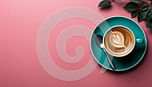 Coffee cup on table, cappuccino with heart shape, fresh and hot generated by AI