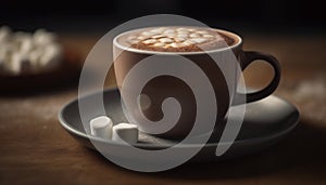 Coffee cup on table, close up of frothy cappuccino, heat and freshness generated by AI