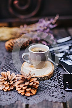 Coffee cup on table. Cup of hot latte coffee in the relaxing time. cup of coffee on wooden. Lavender. Aroma of lavender. Aroma of