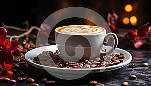 Coffee cup on table, heat, freshness, cappuccino, bean, latte generated by AI