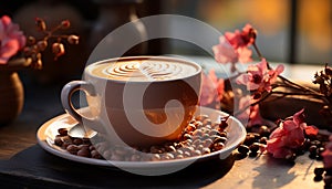 Coffee cup on table, heat and freshness in close up generated by AI