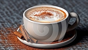 Coffee cup on table, heat and freshness in close up generated by AI