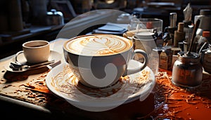 Coffee cup on table, heat and freshness in frothy drink generated by AI