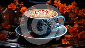 Coffee cup on table, heat, freshness, saucer, nature, liquid, frothy drink, relaxation generated by AI