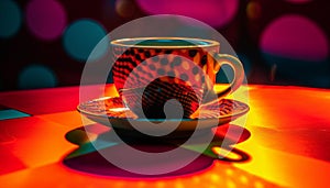 Coffee cup on table, heat rising, saucer, no people, relaxation generated by AI