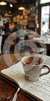 Coffee cup on top of notebook