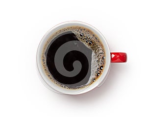 Coffee cup, top view of coffee black in red ceramic cup isolated on white background.