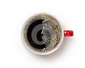 Coffee cup, top view of coffee black in red ceramic cup isolated on white background.