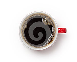 Coffee cup, top view of coffee black in red ceramic cup isolated on white background.