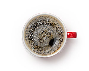 Coffee cup, top view of coffee black in red ceramic cup isolated on white background.